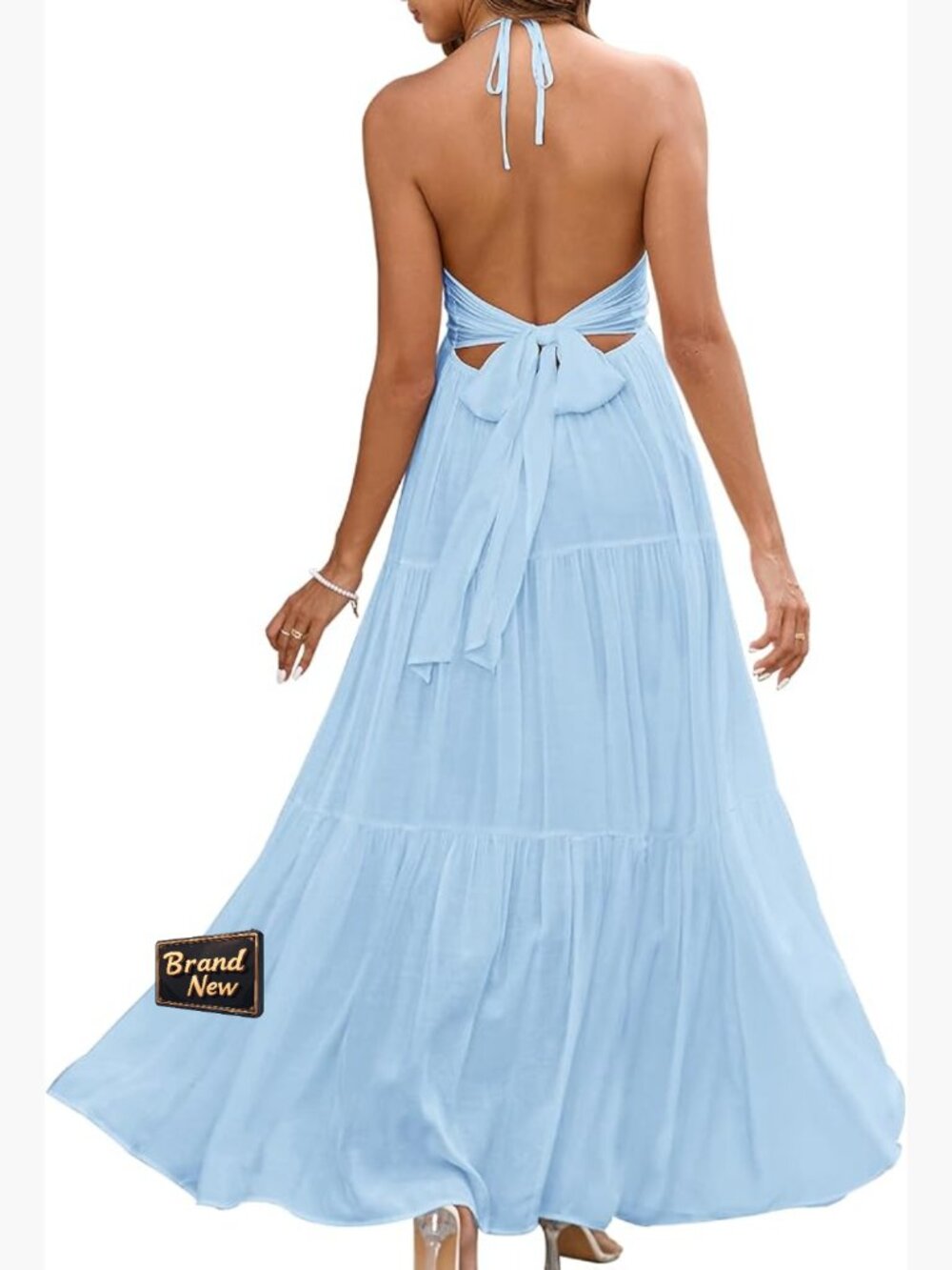 Flowy Maxi Dress Sleeveless A-Line Backless Halter V-Neck Wedding Guest Beach
